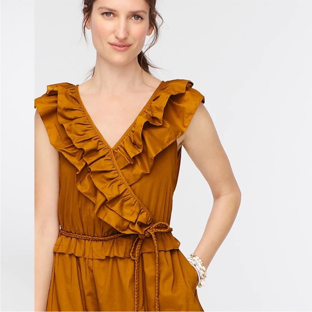 J. Crew Nina Boho Ruffled Romantic Prairie Maxi Dress Gold Bronze V Neck Sz 2 - Picture 2 of 11